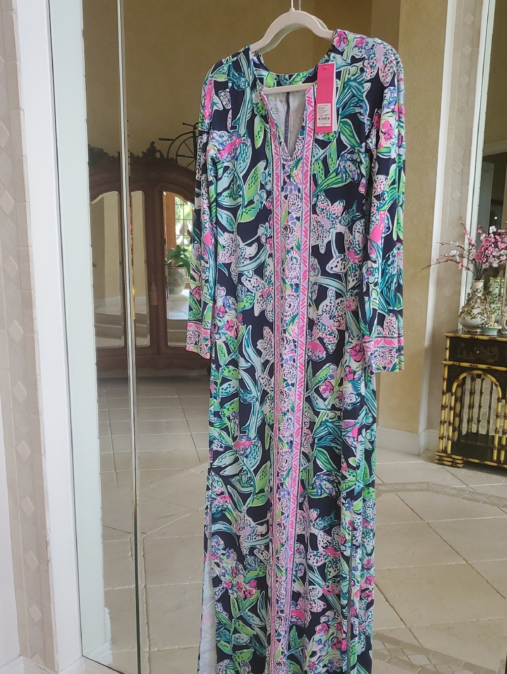 Lilly Pulitzer Navy Floral Long Sleeve Maxi Dress with Pink & Green Accents